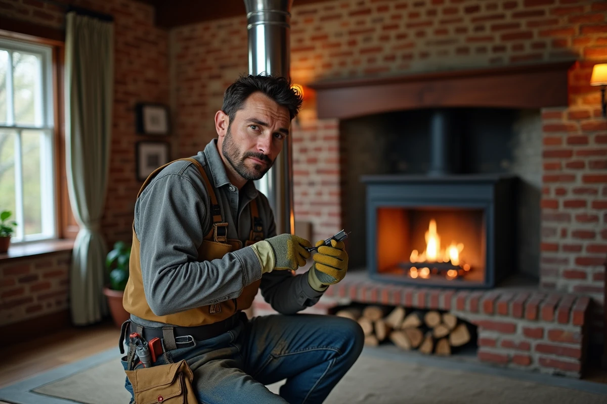 Installateur de cheminée en travail robuste dans une pièce en briques