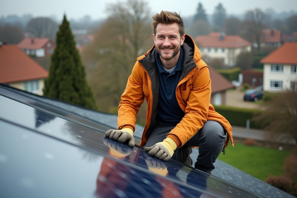 Jeune homme installant des panneaux solaires sur un toit