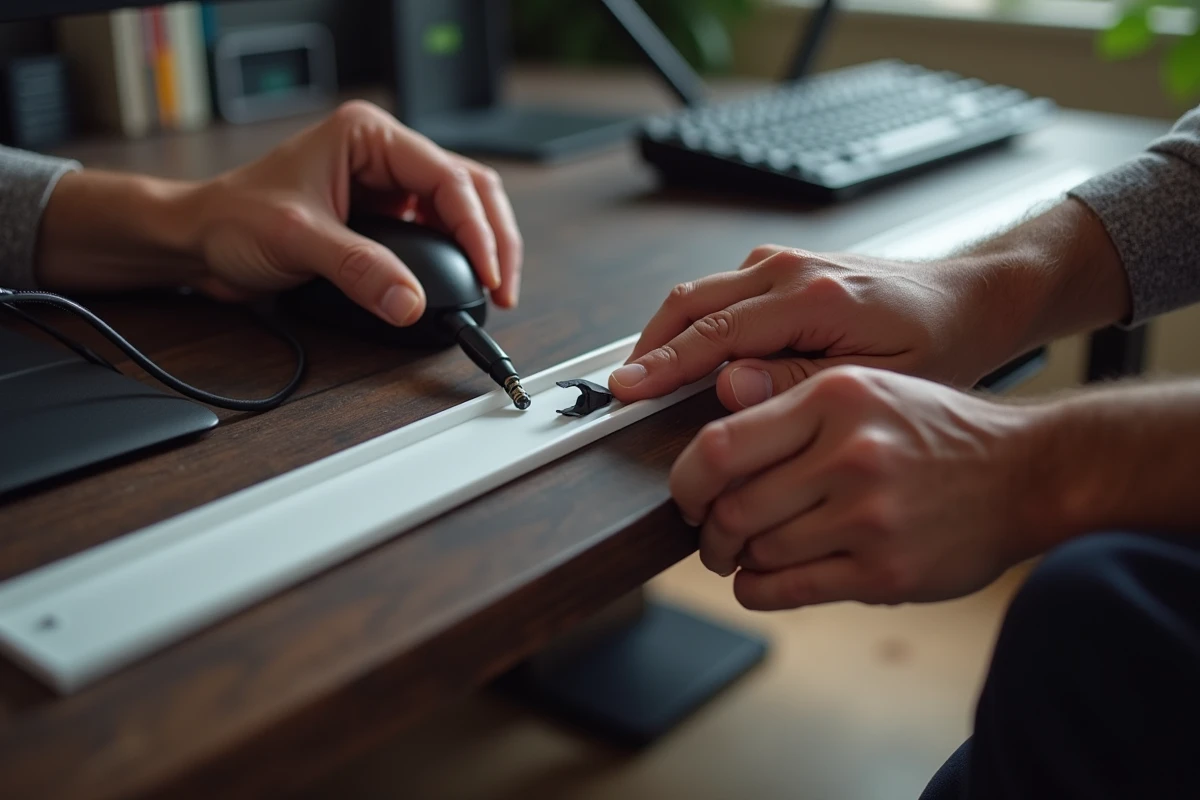 Mains installant une goulotte plastique adhésive blanche sur le bord arrière d'un bureau en bois pour ranger les câbles PC et de box internet