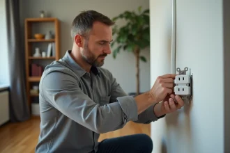 Homme moyenâge en gris installe une prise électrique dans un salon