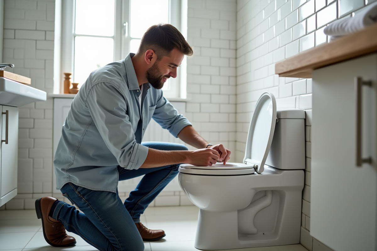 Homme moyenâge en jeans installe un siège de toilette