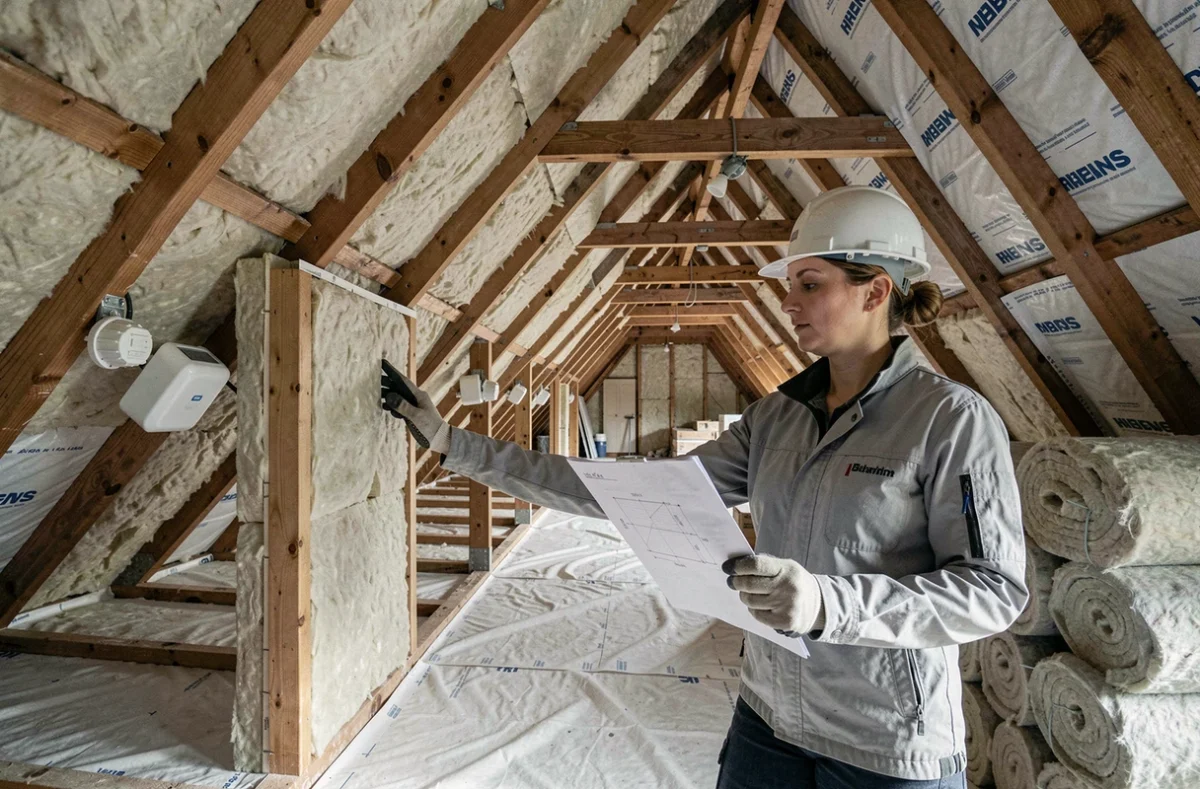 Technicienne de rénovation inspectant l'isolation des combles avec des boîtiers électriques posés avant les panneaux de laine minérale
