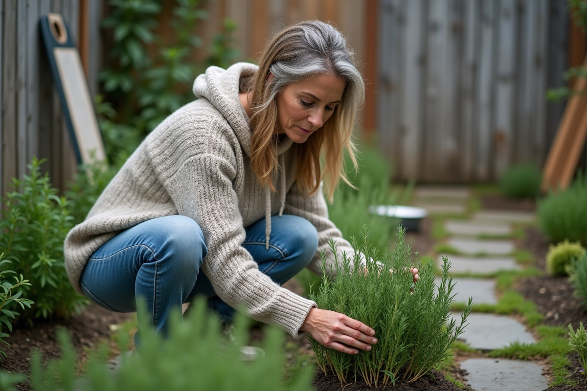Femme moyenne âge dans son jardin inspectant un buisson de romarin