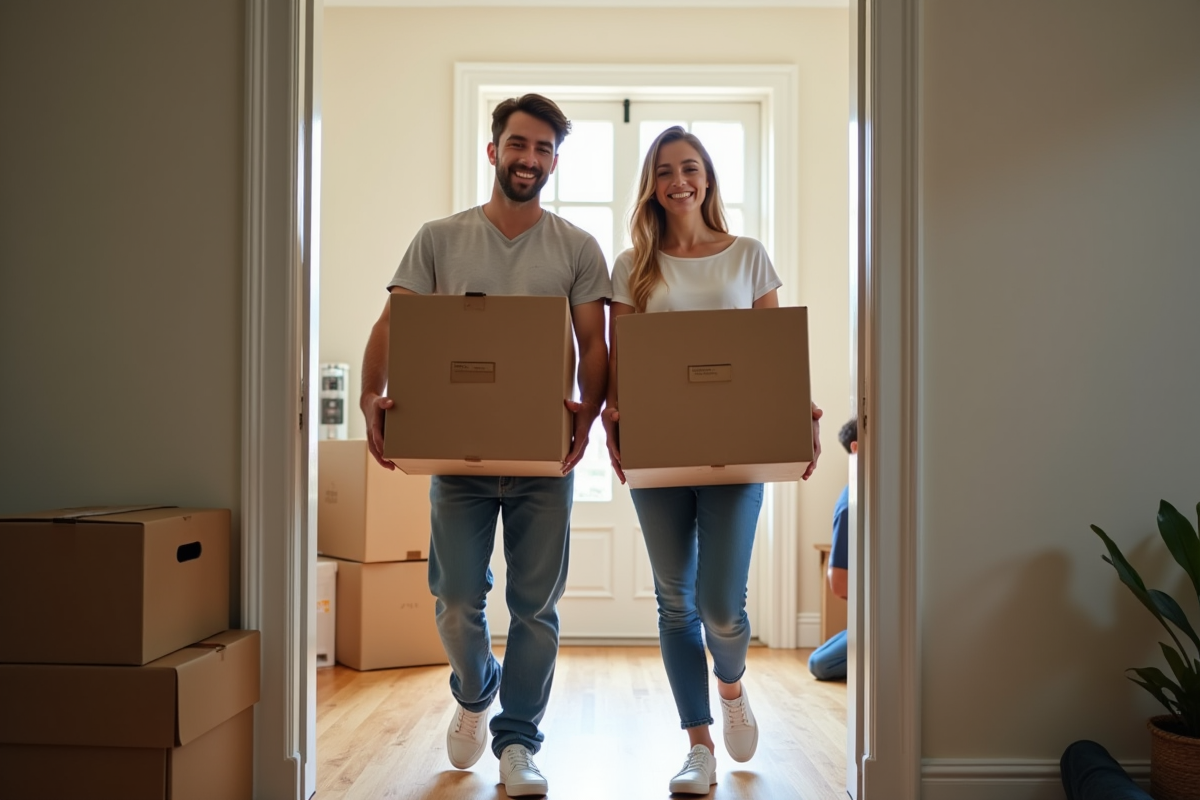 Jeune couple souriant avec cartons dans une maison en déménagement