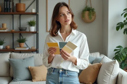 Jeune femme choisissant des &eacute;chantillons de peinture dans son salon