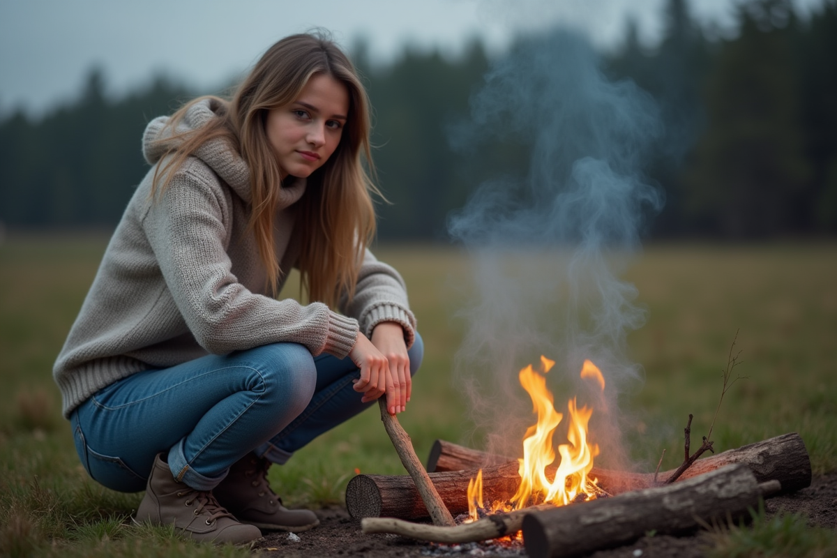 Jeune femme cuisinant au feu de camp en plein air