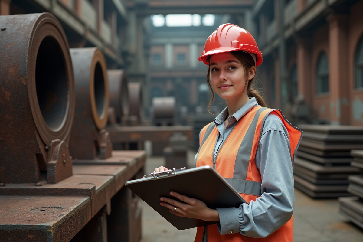 Jeune ingénieure examinant une pièce en fer rouillée