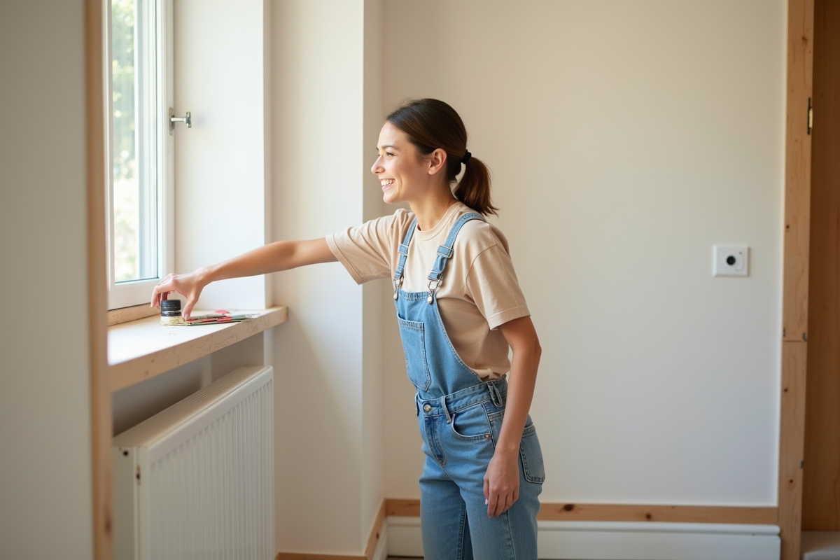Jeune femme inspectant un mur intérieur sandé