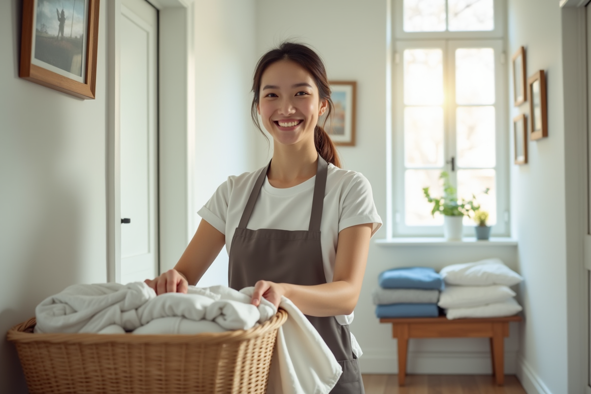 Jeune femme pliant du linge dans un couloir lumineux
