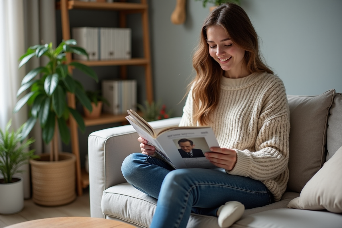 Jeune femme lisant un magazine dans un salon cosy