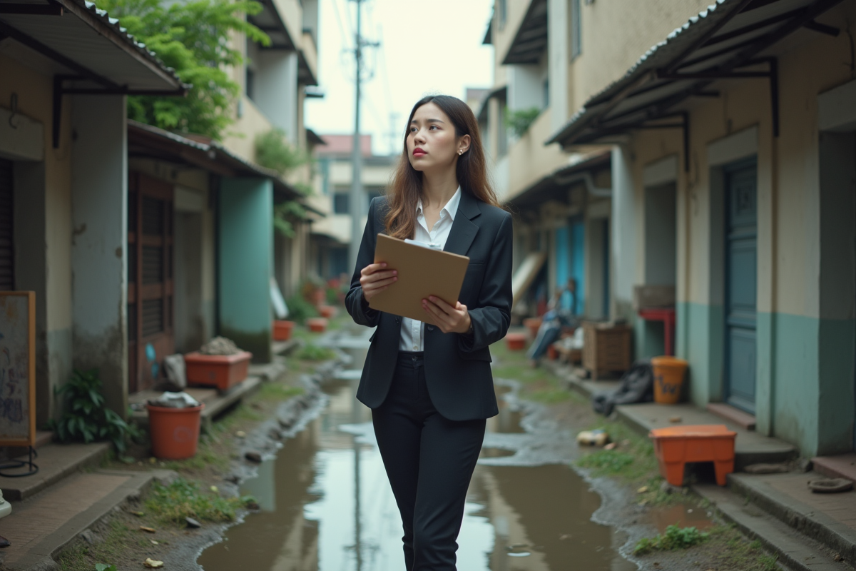 Jeune femme en tenue professionnelle dans cour négligée