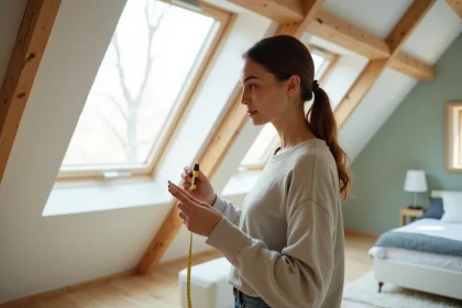 Jeune femme mesurant une grande fenetre Velux dans un grenier lumineux