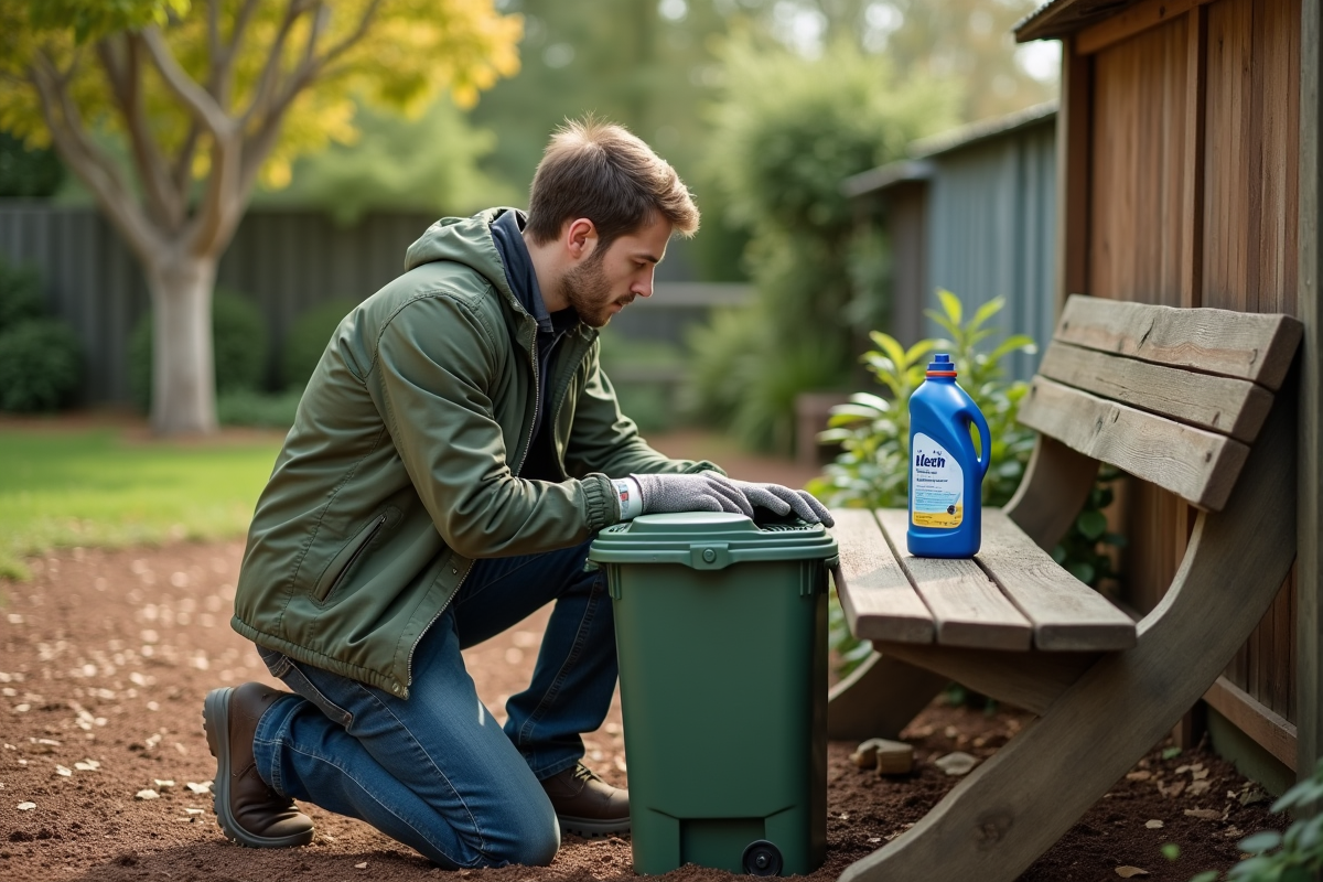 Jeune homme ferme le couvercle du compost dans le jardin