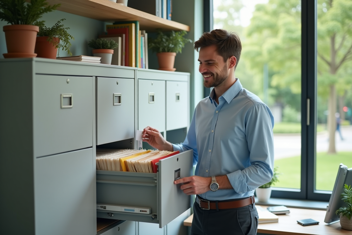 Jeune homme classant des dossiers dans un bureau moderne