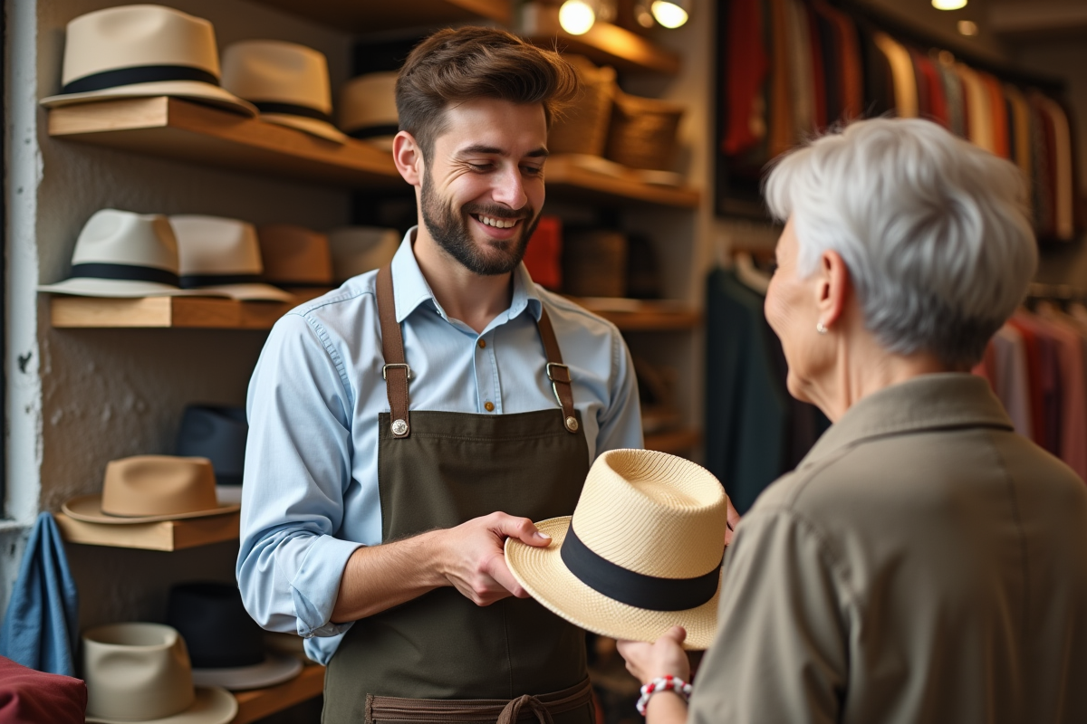 Jeune homme présentant un chapeau en paille à un client dans une mercerie moderne