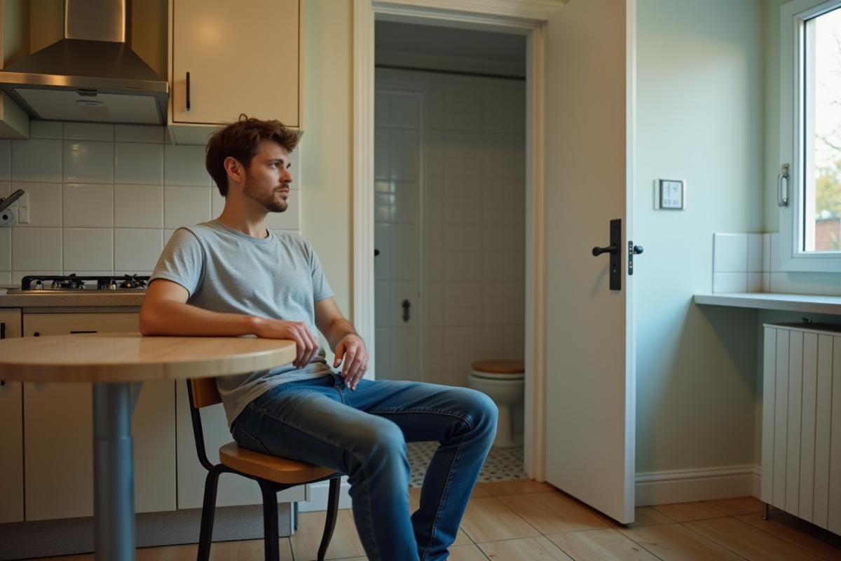 Jeune homme pensif dans la cuisine avec salle de bain visible