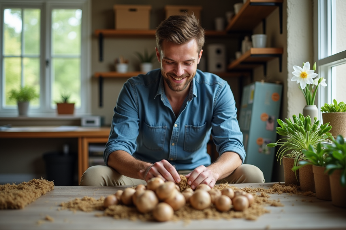 Jeune homme emballant des bulbes de lys en intérieur