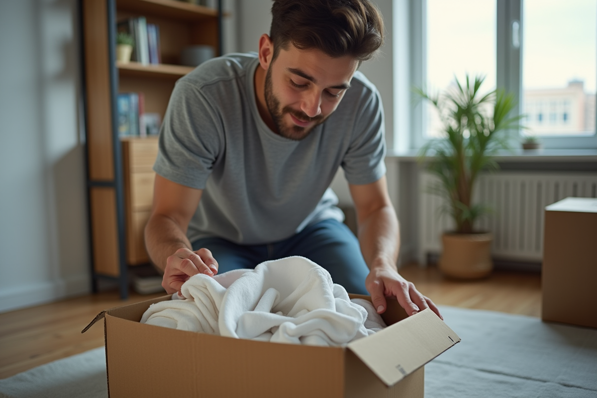 Jeune homme pliant des vêtements dans un carton
