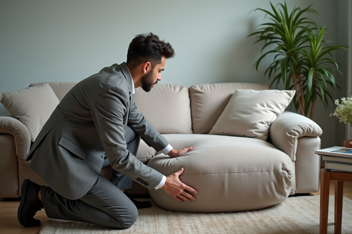 Jeune homme examinant un canapé usé dans un appartement urbain