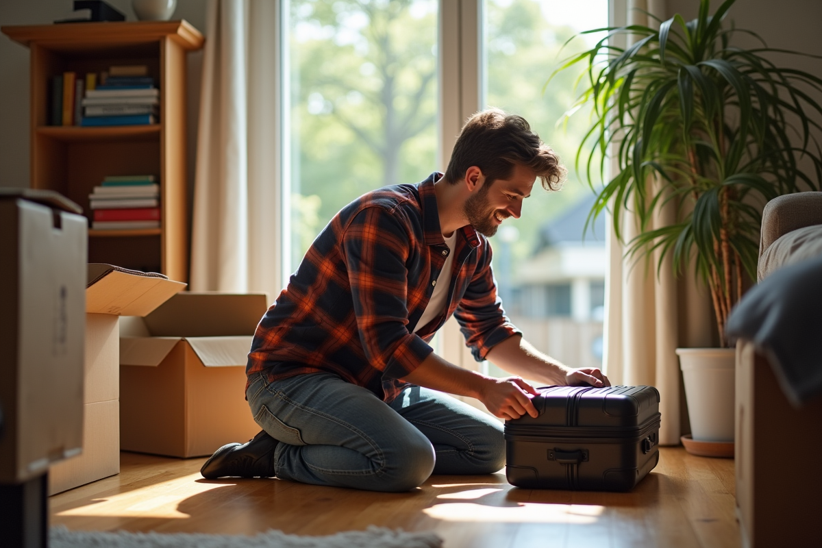 Jeune homme fermant une valise dans un salon lumineux