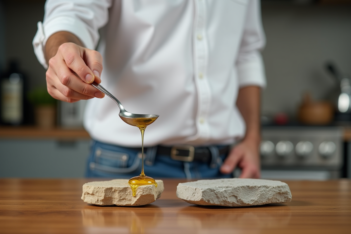 Jeune homme versant de l huile sur des pierres en cuisine