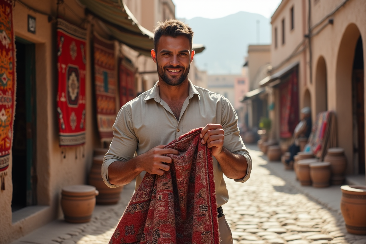 Jeune homme vérifiant le dessous d’un tapis berbère au marché