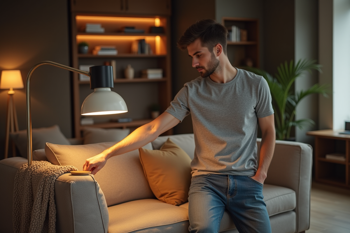 Jeune homme ajustant une lampe moderne dans un salon cosy