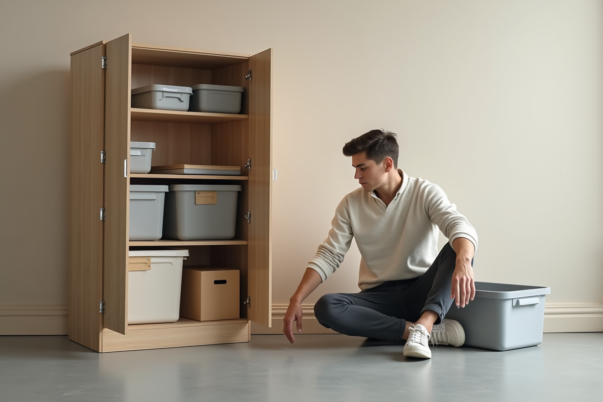 Jeune homme organisant des boîtes de rangement dans une armoire
