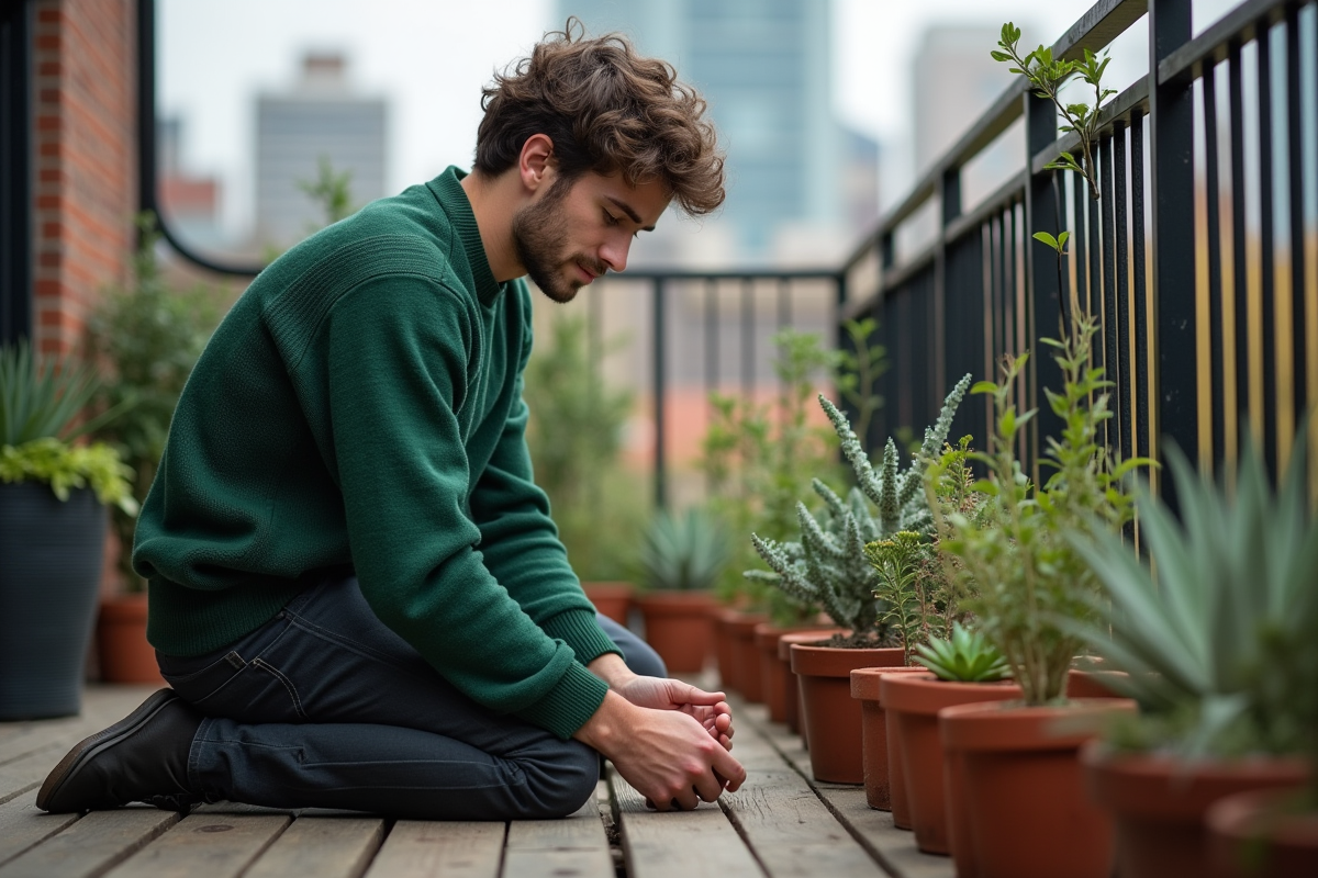 Jeune homme arrangeant succulentes sur un balcon urbain