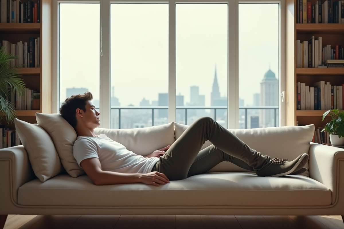 Jeune homme allongé sur un canapé dans un appartement lumineux