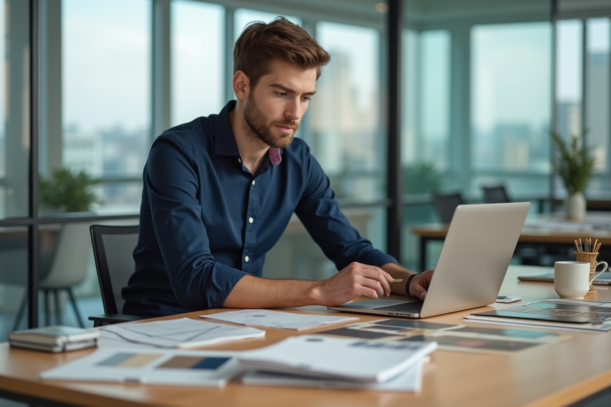 Jeune homme examinant des échantillons de couleurs dans un bureau
