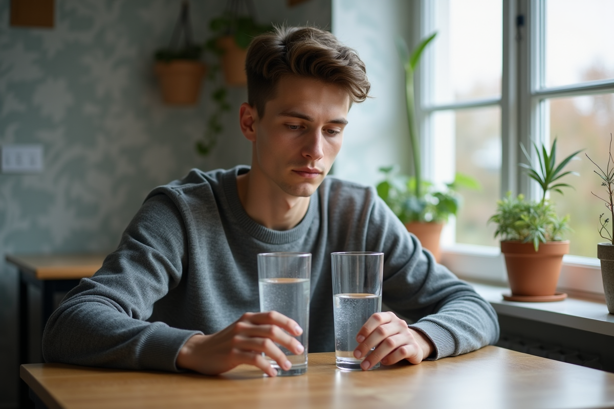Jeune homme comparant deux verres d