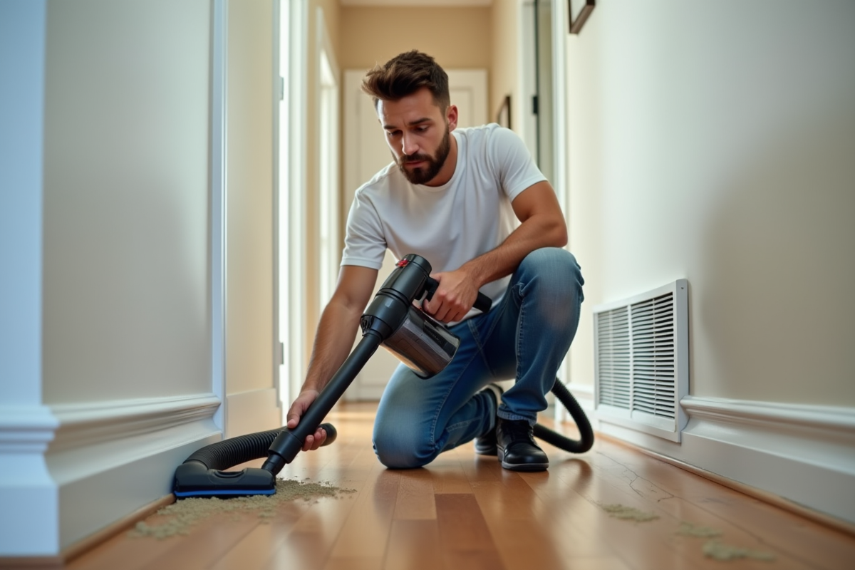 Jeune homme aspirant la poussière près d