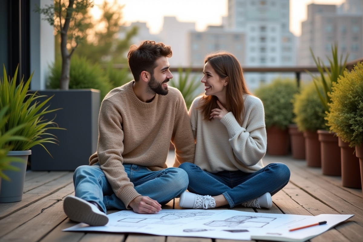 Jeune couple dessinant des plans sur une terrasse urbaine