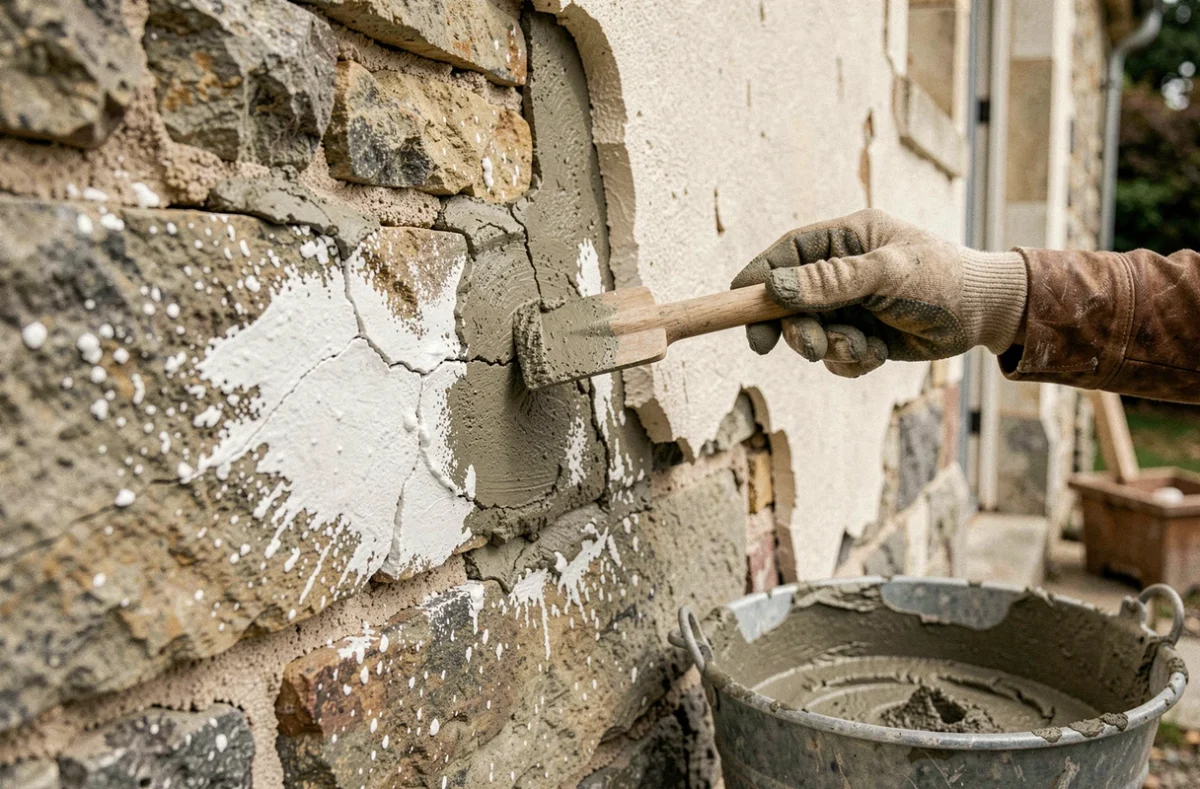Détail de joints de mortier défaillants sur un mur en pierre en cours de rénovation avec dosage ciment-sable incorrect