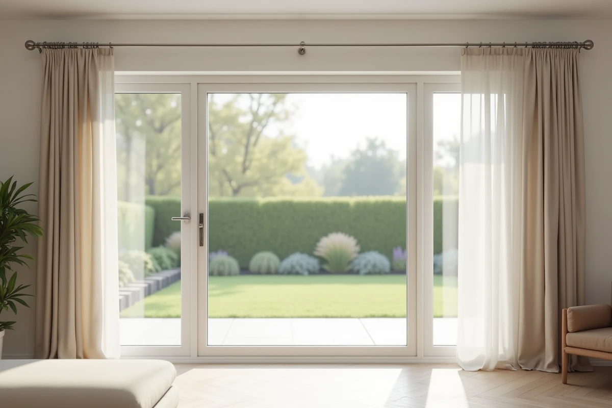 Kit tringle à rideau double monté sur baie vitrée coulissante dans un salon moderne avec rideaux en lin et sol en parquet clair