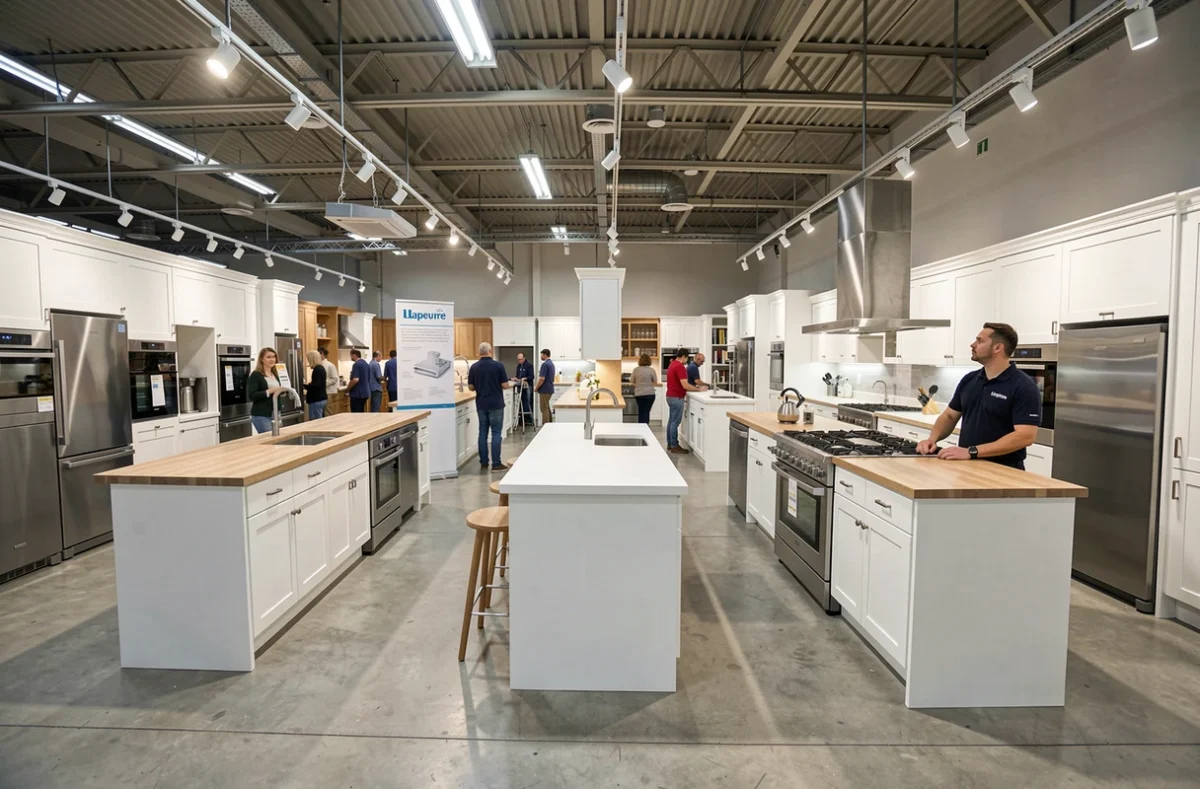 Showroom Lapeyre Vannes avec cuisines exposées en style Shaker blanc, électroménager inox et clients en train de visiter le rayon
