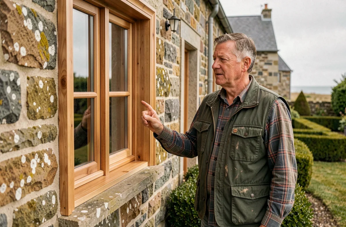 Artisan expérimenté de Le Gall Menuiserie admirant une fenêtre en bois sur mesure achevée sur une maison de campagne bretonne