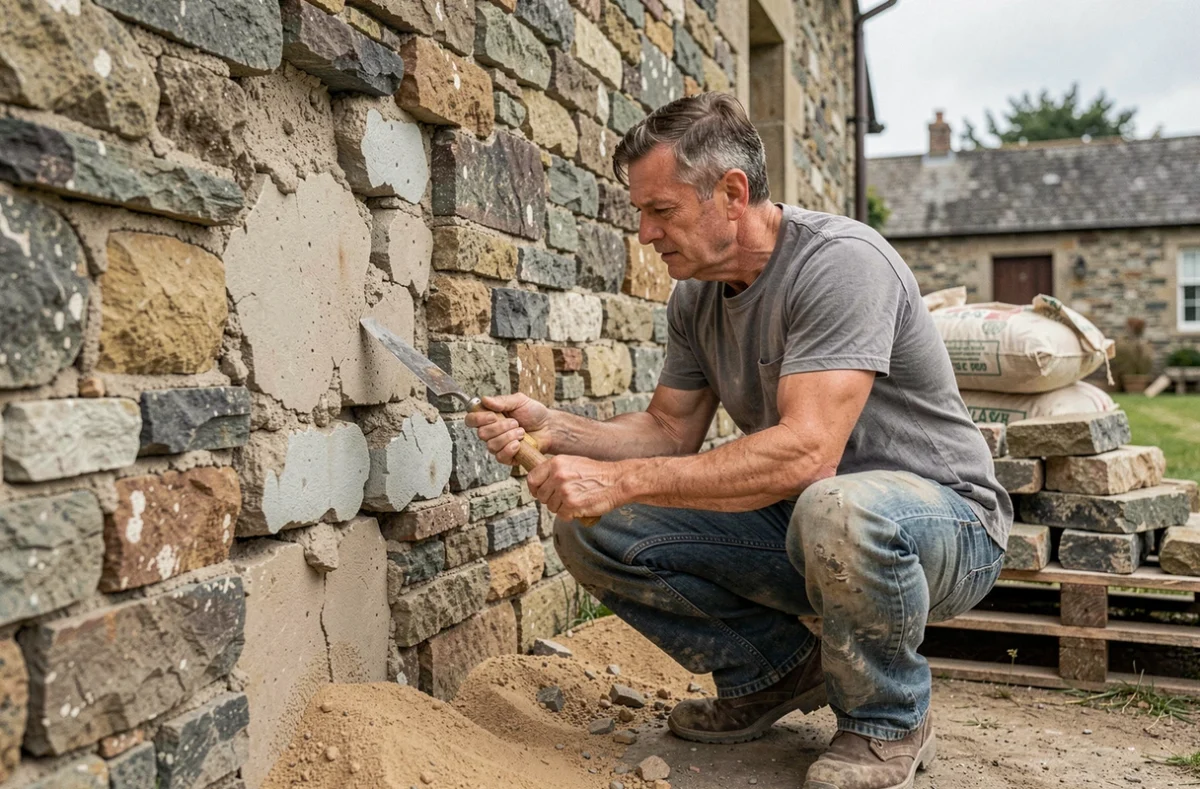Maçon en train de retirer le mauvais mortier d'un mur en pierre ancienne lors d'une rénovation
