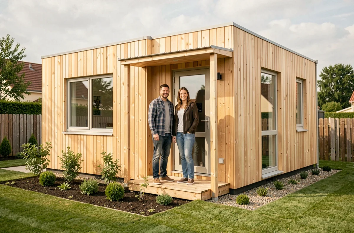 Couple devant leur maison en bois clé en main à petit budget dans un lotissement résidentiel