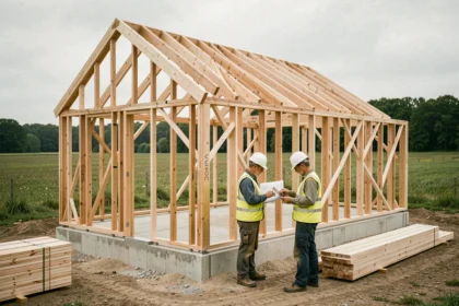 Maison en bois en kit en cours de construction avec ossature bois et dalle béton dans la campagne française