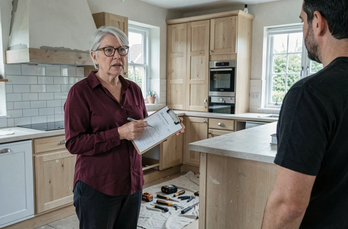 Consultante de La Maison des Travaux supervisant une rénovation de cuisine dans une maison de banlieue