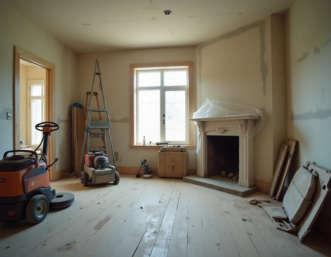 Chantier de rénovation intérieur encombré de matériel loué inutilisé, incluant ponceuse, bétonnière et échafaudage dans un salon en travaux