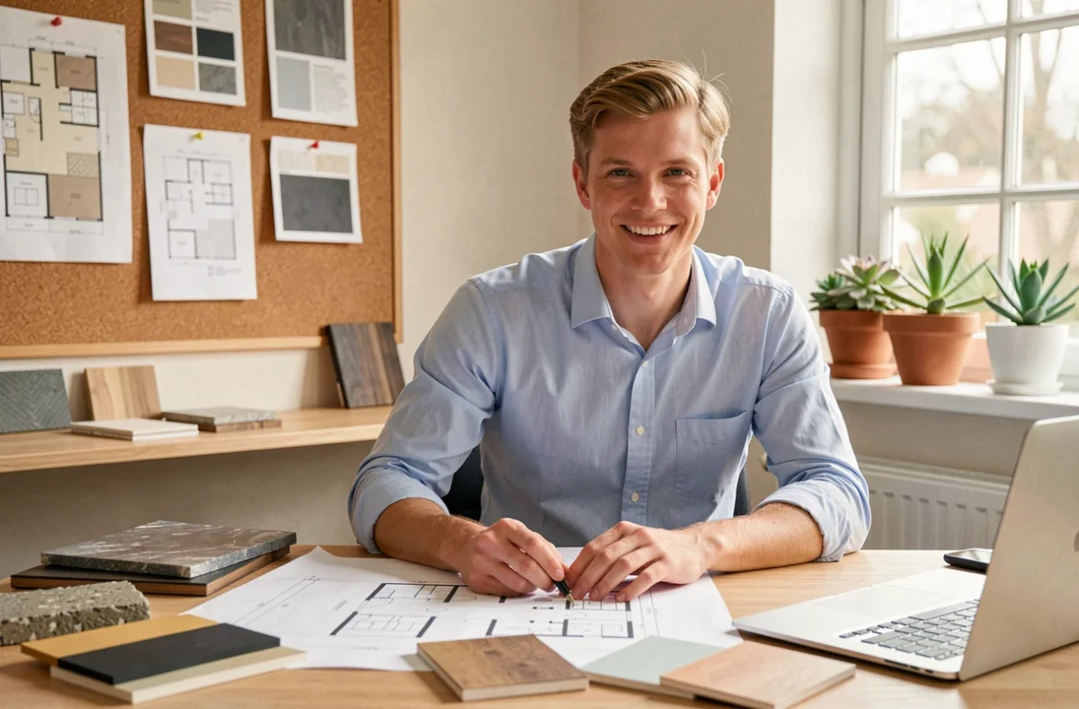 Jeune designer cuisiniste Maxime dans son studio créatif entouré de plans et d'échantillons de matières