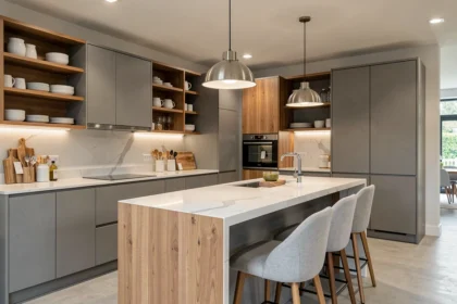 Vue large d'une cuisine moderne aménagée dans un showroom du Morbihan, avec îlot central, façades grises et plans de travail en quartz