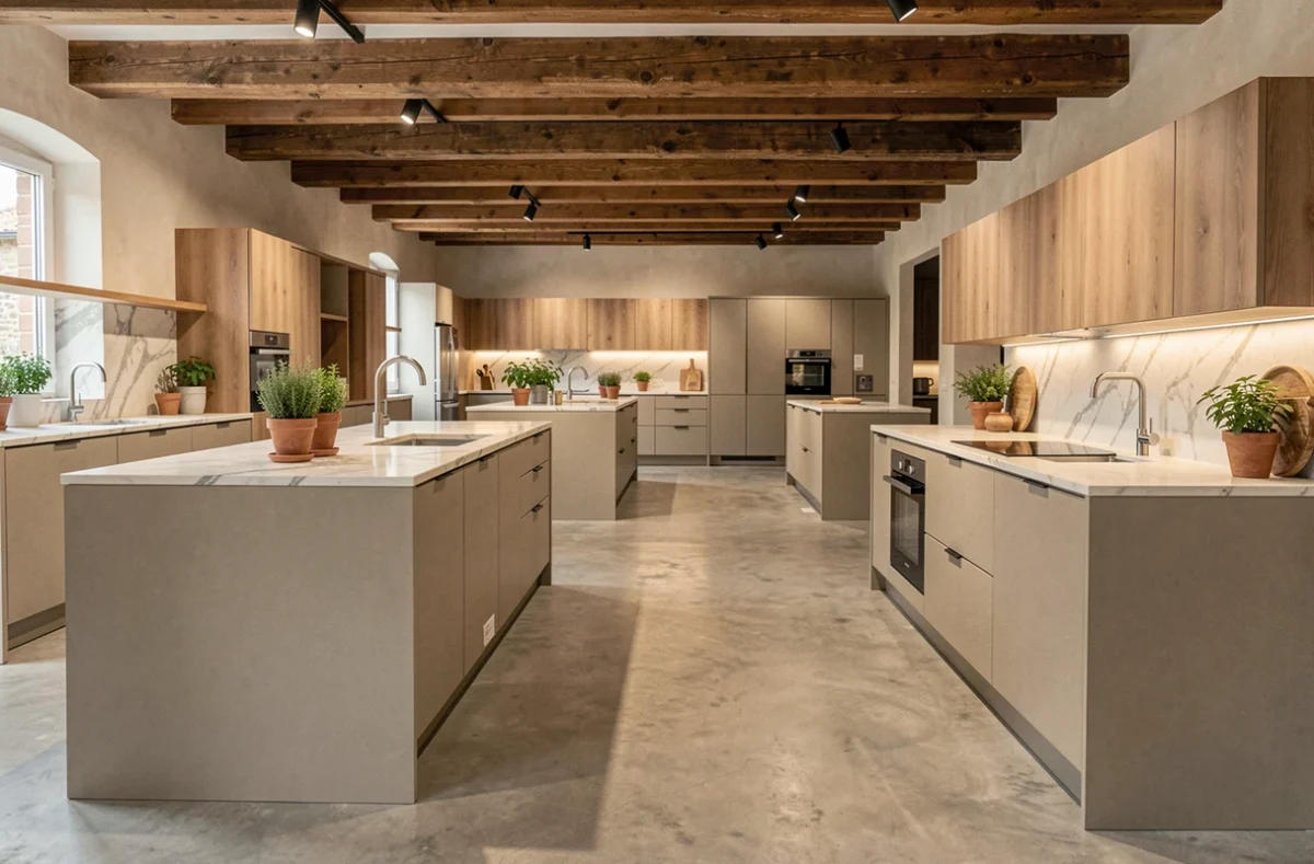 Showroom de cuisinistes dans la Nièvre avec plusieurs espaces cuisine exposés
