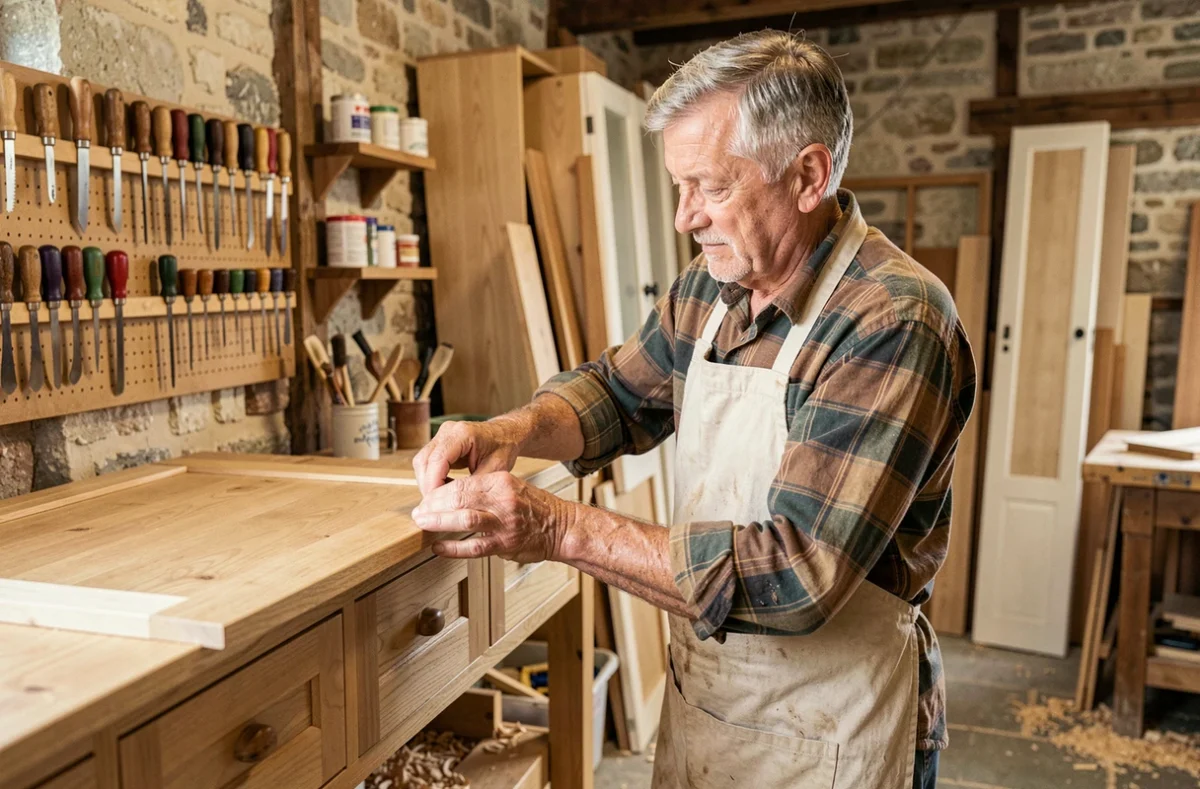 Artisan menuisier ébéniste travaillant sur un meuble de cuisine en bois dans son atelier traditionnel