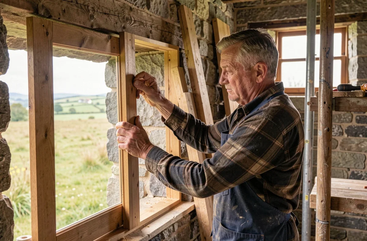 Maître artisan de Menuiserie De L'Hermitage ajustant un cadre de fenêtre en chêne massif dans une ferme bretonne en restauration