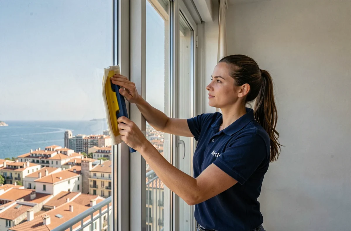 Prestataire Merci+ nettoyant les vitres d'un appartement avec vue sur les toits de Marseille