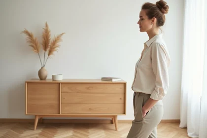 Femme souriante à côté d'un meuble buffet scandinave en bois clair dans un salon minimaliste au parquet en chêne